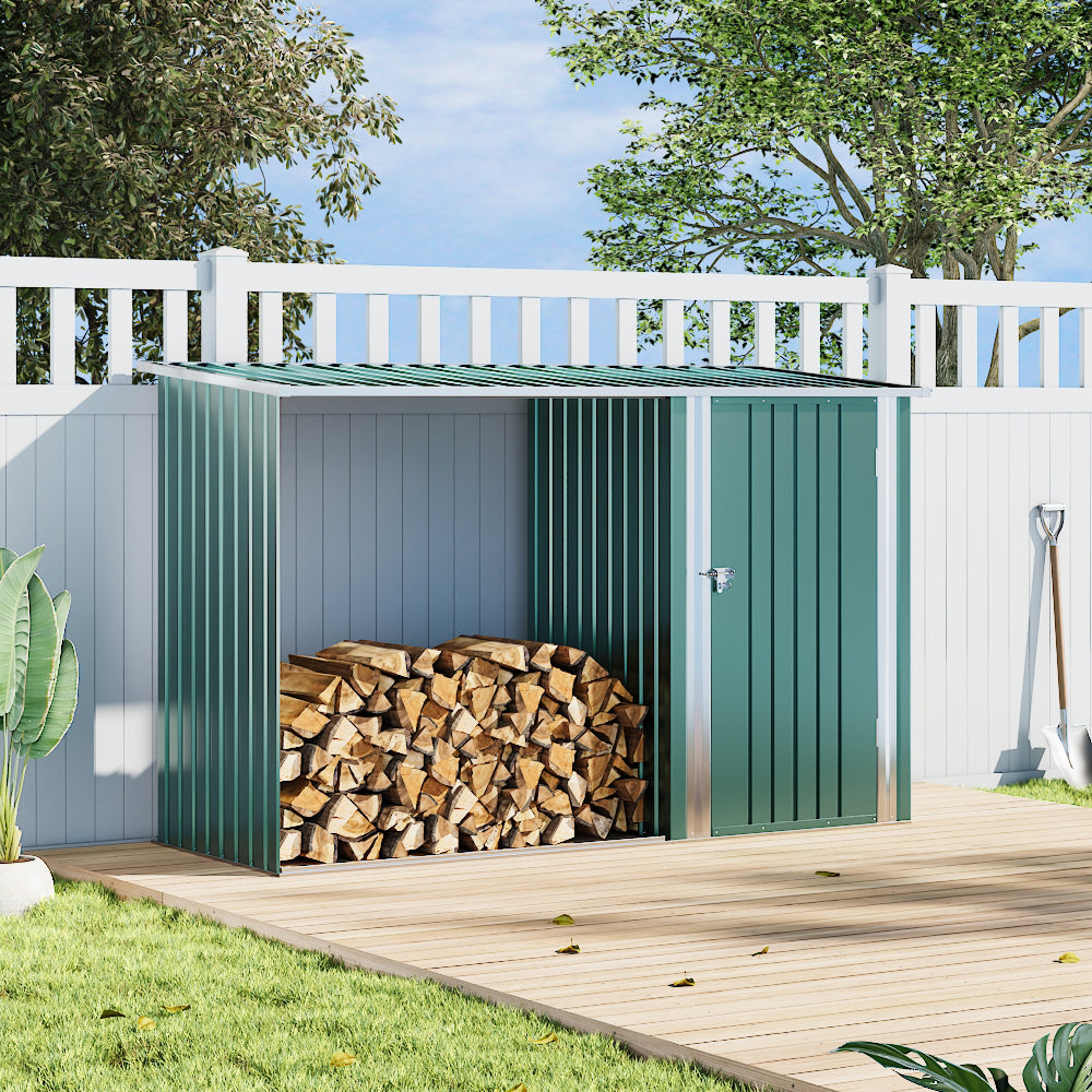 8x3ft Black/Green Outdoor Storage Metal Lean Firewood Log Shed