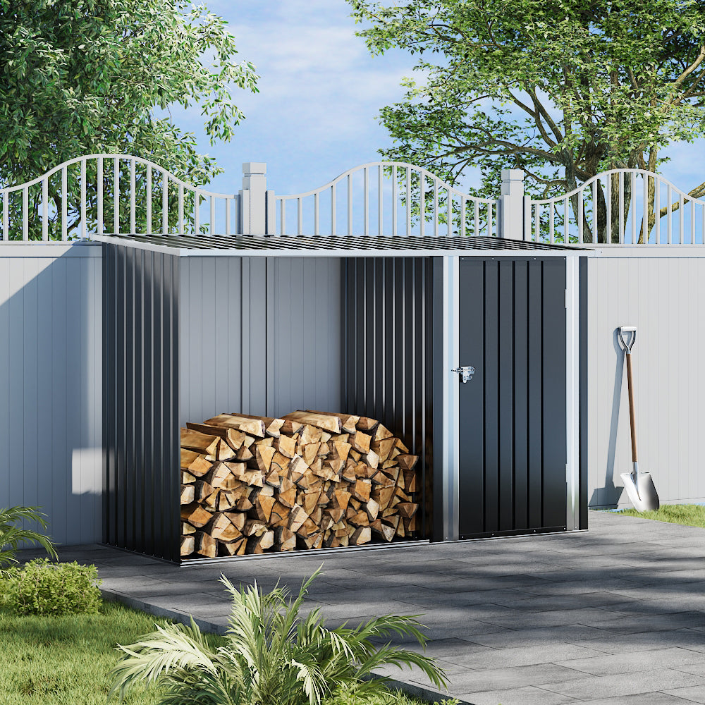 8x3ft Black/Green Outdoor Storage Metal Lean Firewood Log Shed