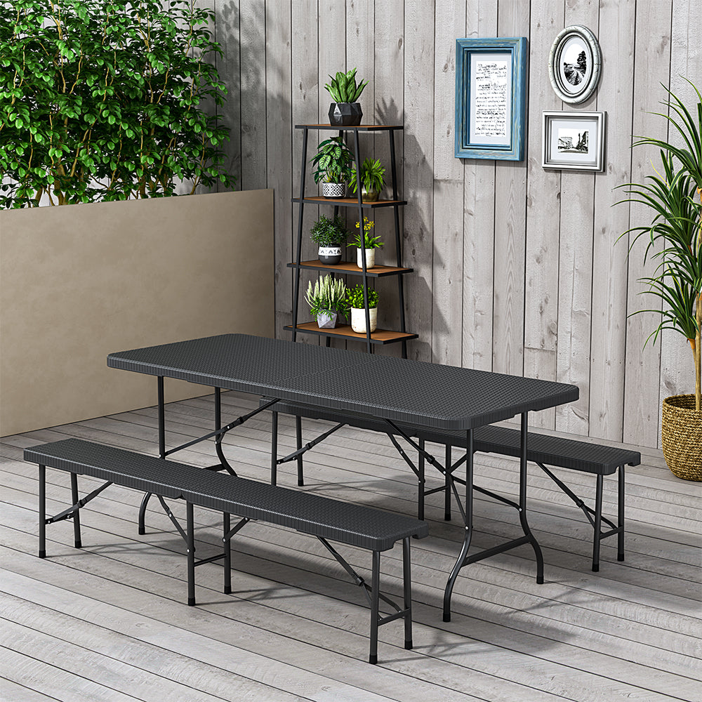 Rectangular Black Plastic Folding Table in Garden or Patio Setting – Ideal for Outdoor Events