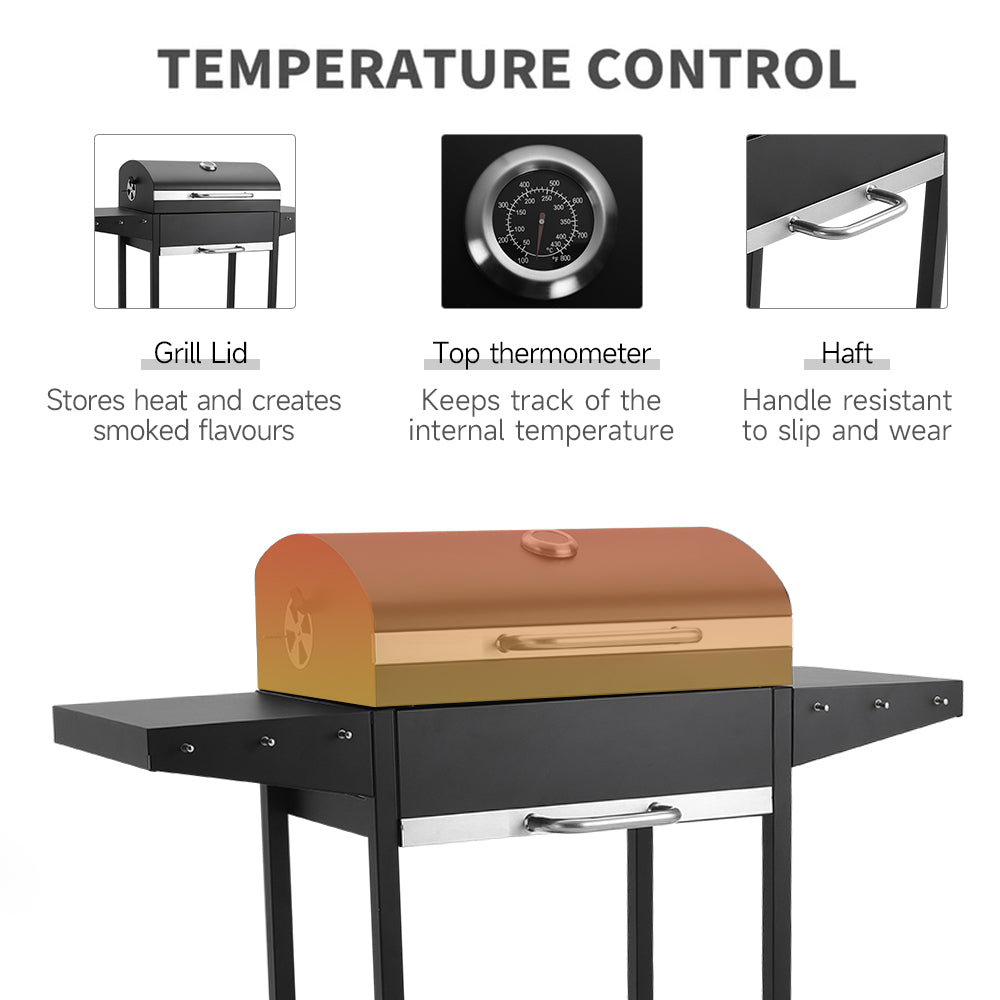 Black Outdoor Garden Charcoal Grill with Dual Side Tables and Wheels