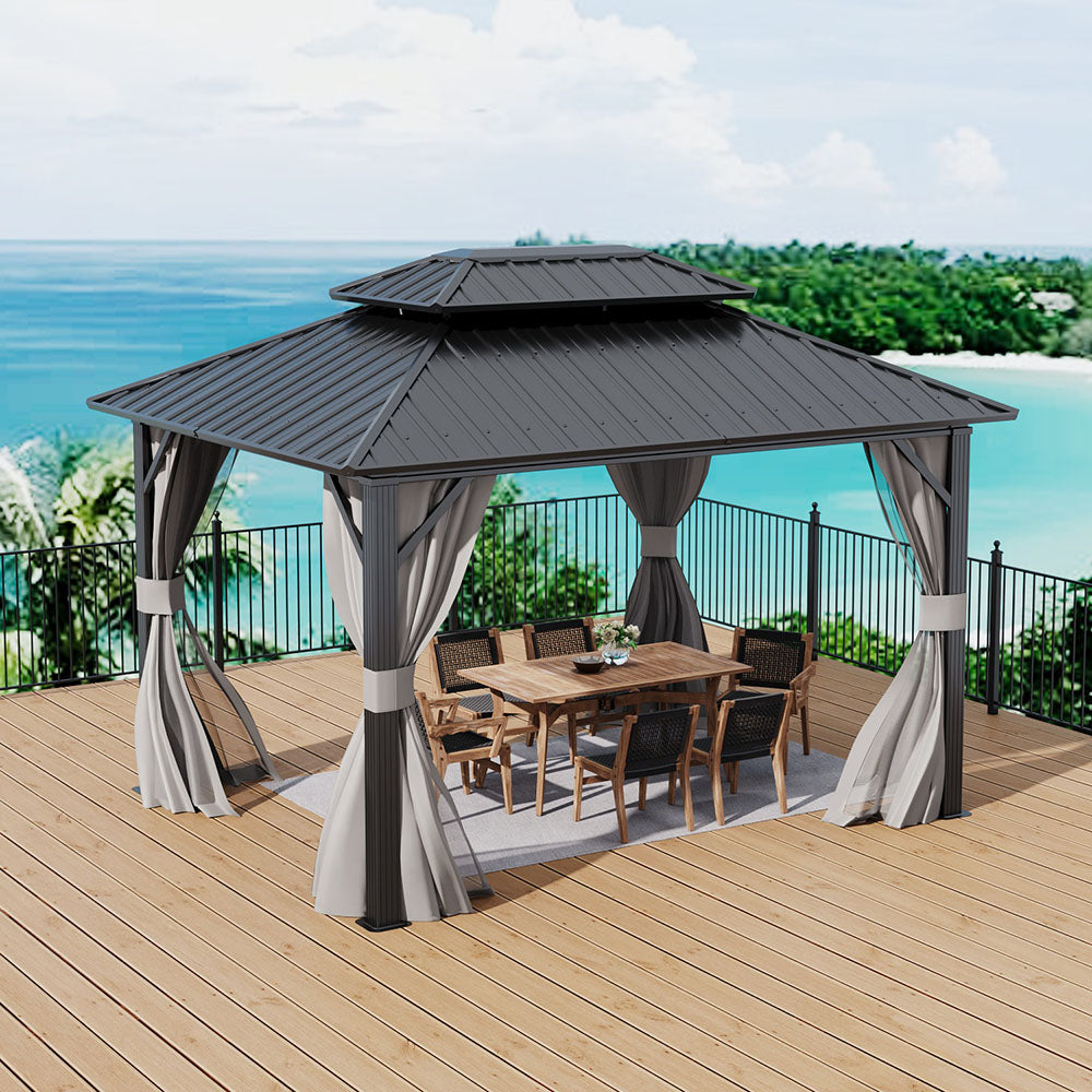 12x10ft Grey Gazebo Installed in Garden with Outdoor Dining Set