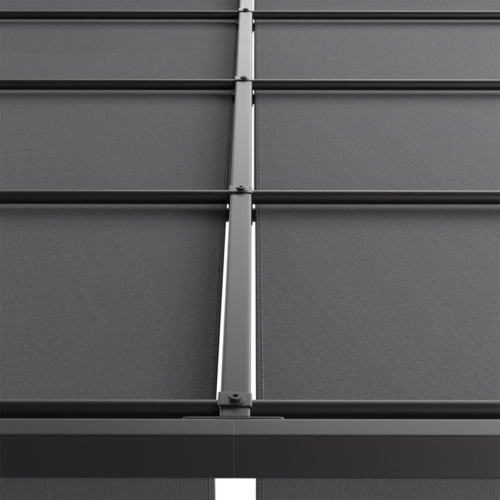 Underneath View of Retractable Canopy Pergola – Steel Roof Frame and Fabric Tension