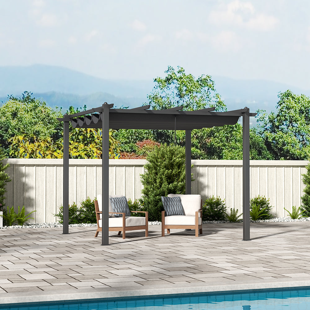 300cm Black Aluminum Patio Pergola with Retractable Canopy – Modern Garden Shade Structure