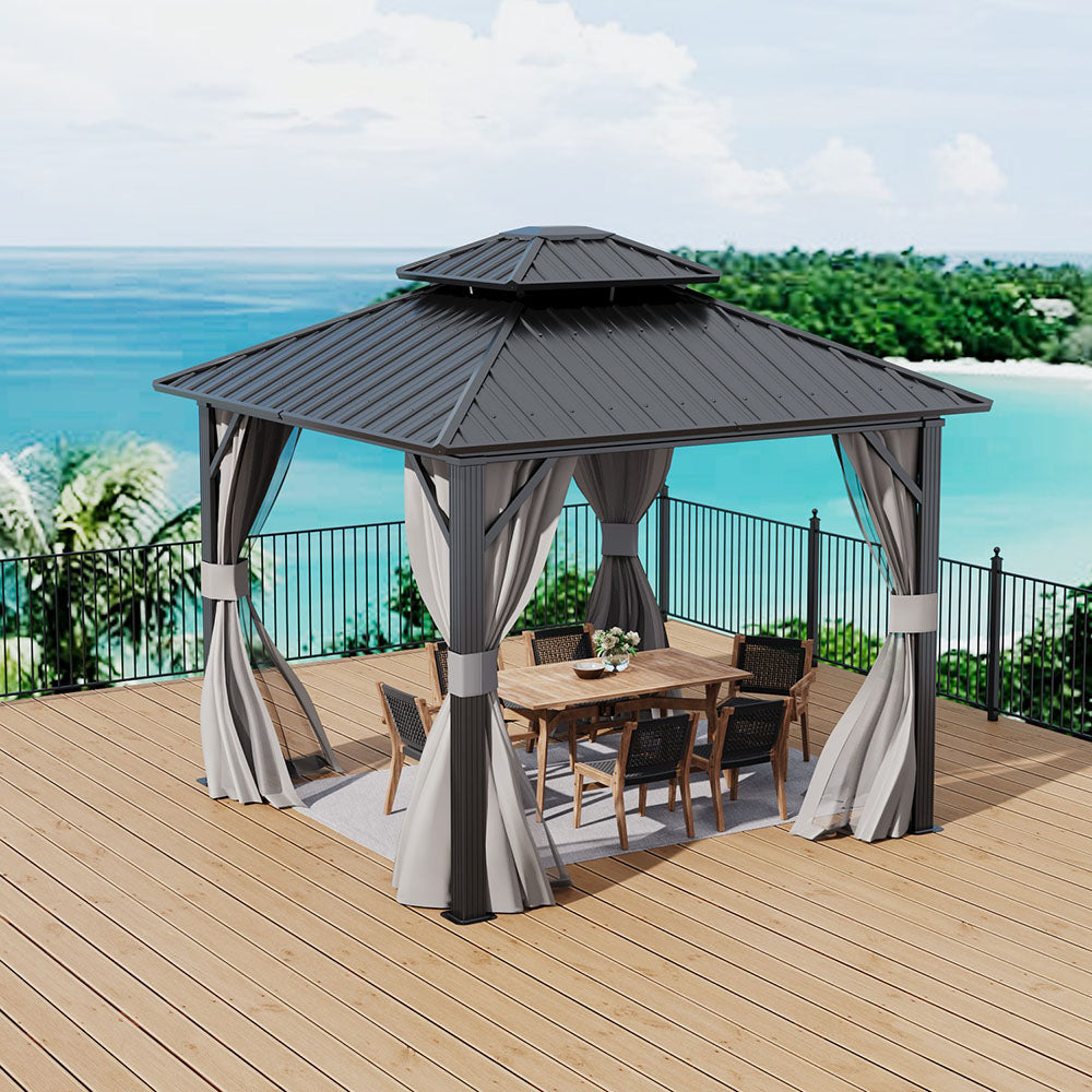 10x10ft Grey Hardtop Gazebo Setup in Backyard Garden with Outdoor Furniture