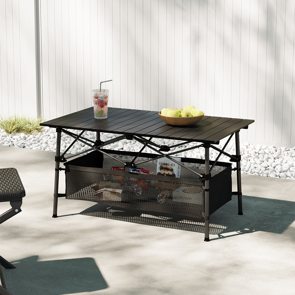Folding Camping Table with Adjustable Height and Storage Basket