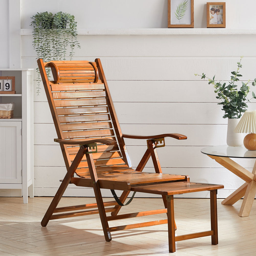 Foldable brown bamboo lounge chair in yard – classic natural seating for outdoors