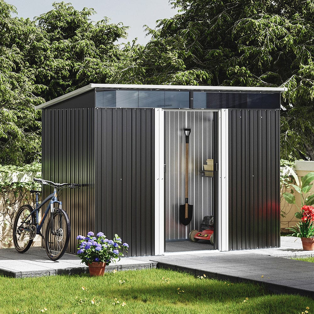 9x4ft Metal Garden Shed with Open Sliding Doors – Neatly Organised Outdoor Tool Storage