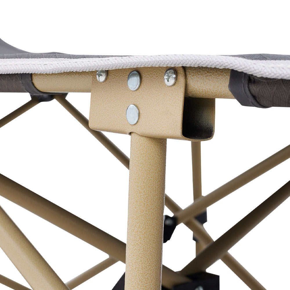 Side Close-up of Camping Cot with Padded Headrest - Reinforced steel frame and durable fabric