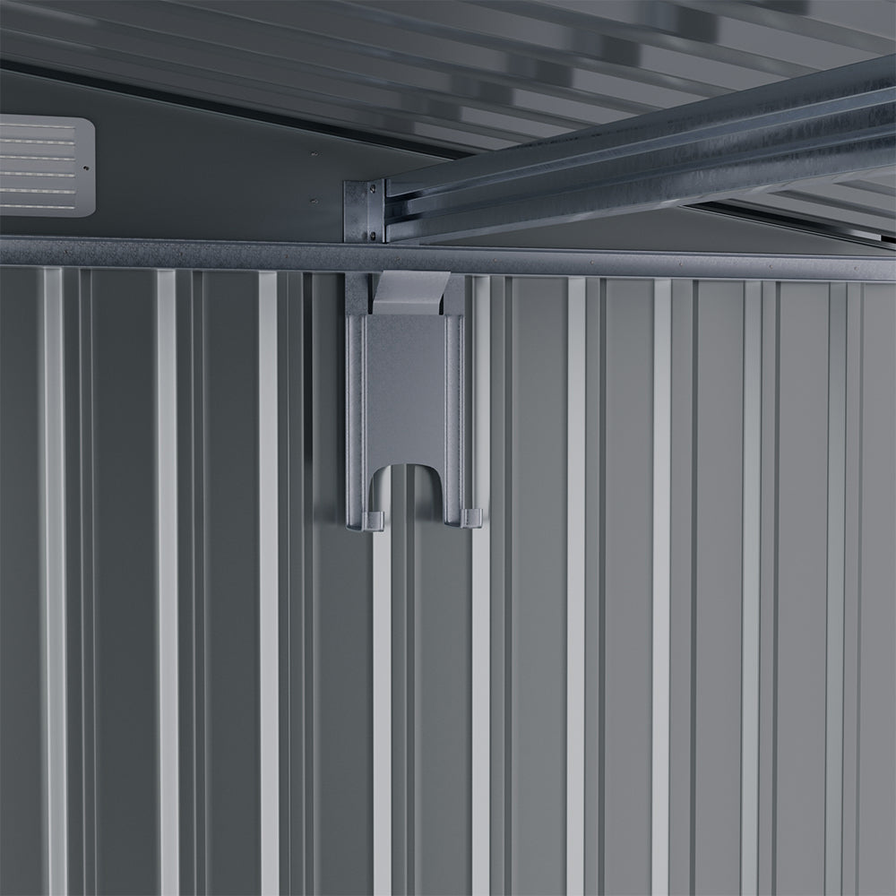 Interior Shelf Detail of 8x4ft Metal Log Shed – Wall-Mounted Rack for Tools and Accessories