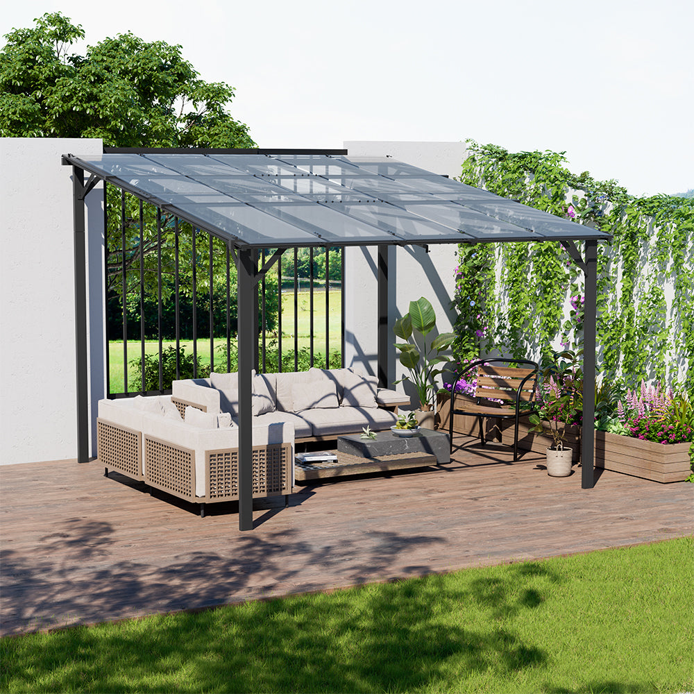 Modern 10x10ft Grey Wall-Mounted Awning Installed on House Exterior with Garden