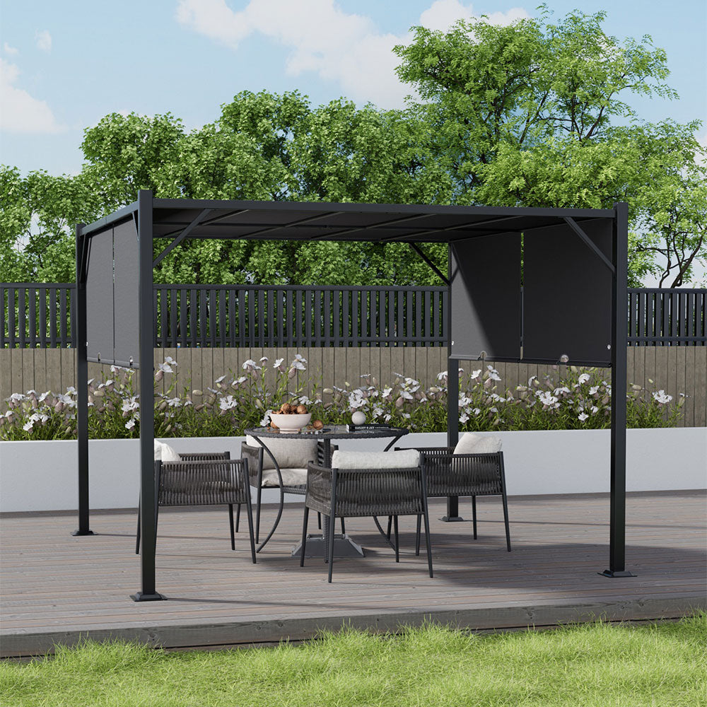 Dark Black Outdoor Retractable Steel Pergola with Canopy