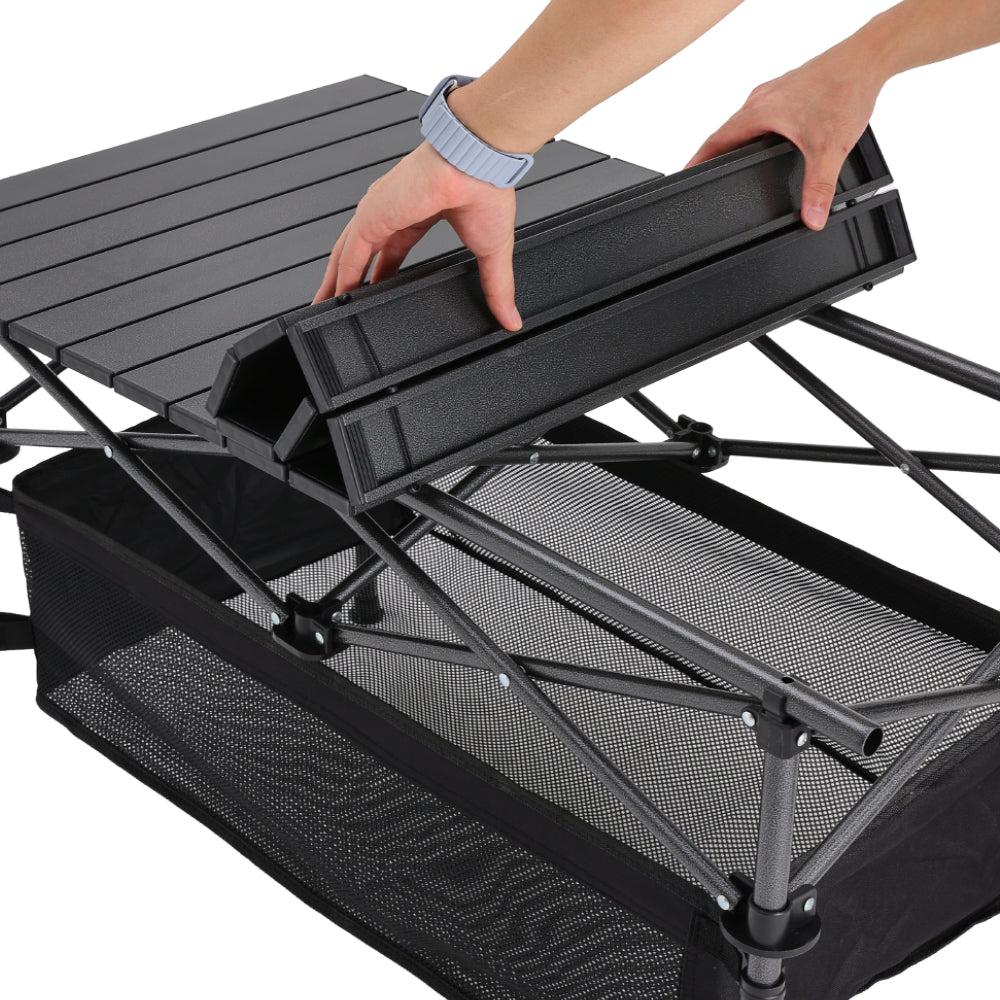 Folding Camping Table with Adjustable Height and Storage Basket