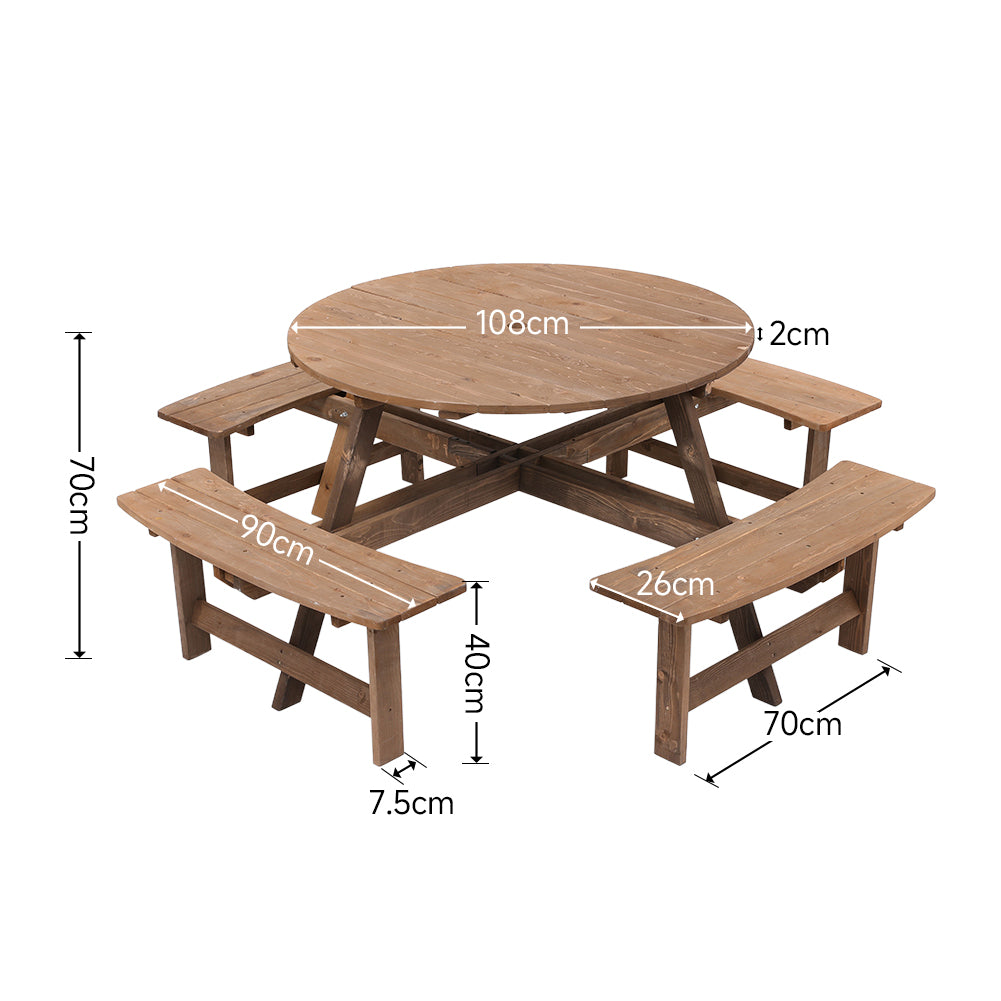 Dimensions of 8-Seater Round Wooden Picnic Table – Full Size and Seating Layout Overview