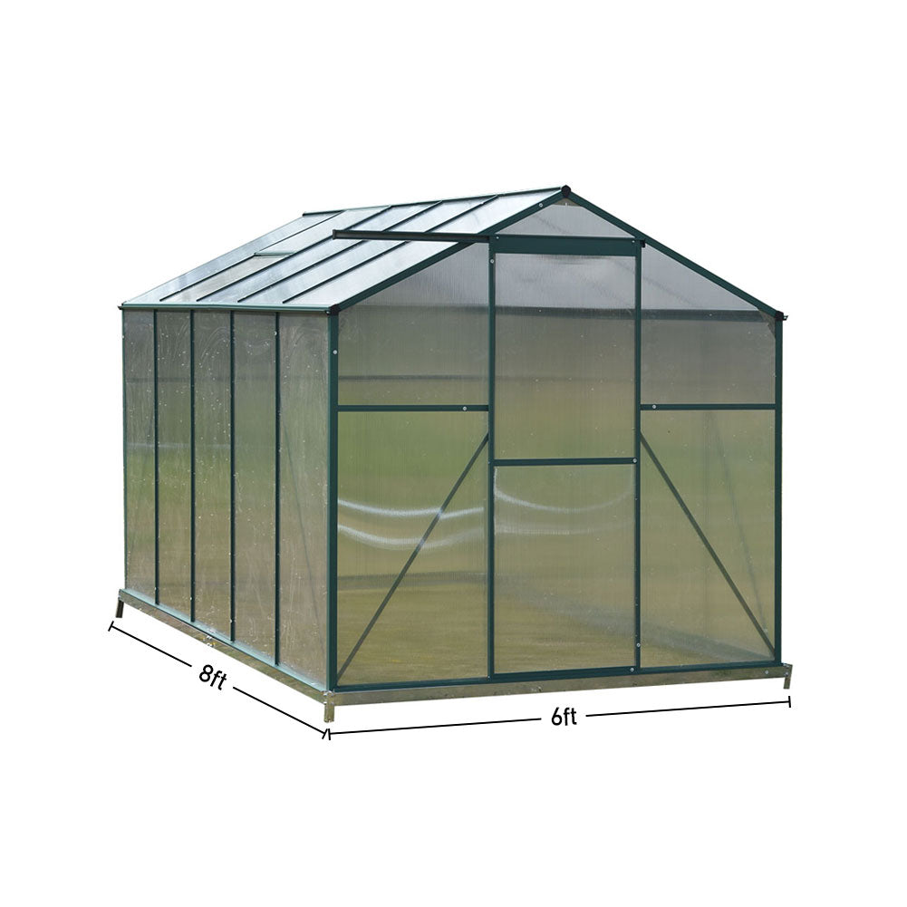 dimension chart of 8x6ft aluminium greenhouse with base – includes height, width, and depth measurements