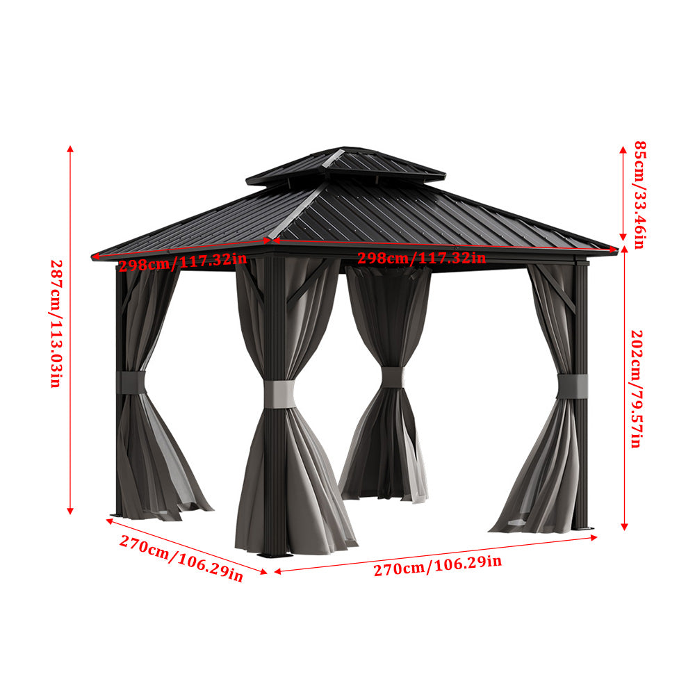 Dimensions of 10x10ft Grey Aluminum Hardtop Patio Gazebo with Measurement Labels