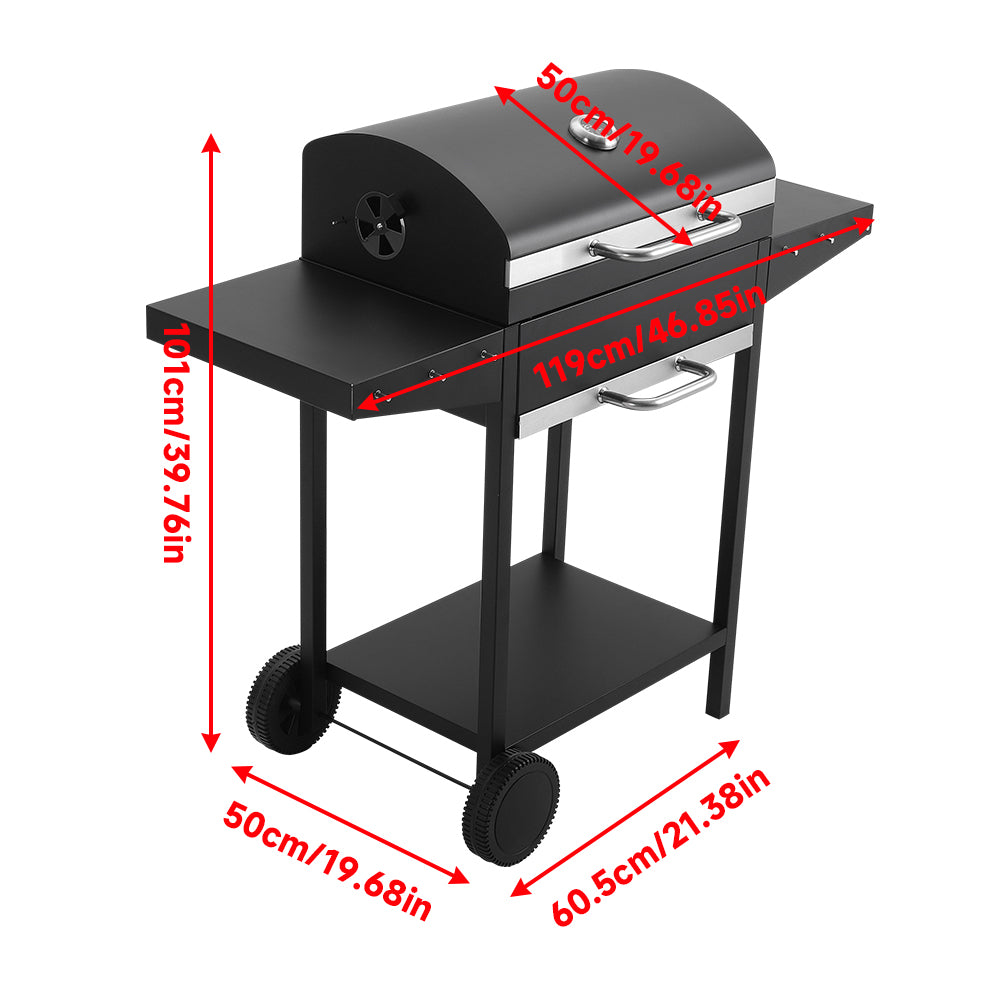 Black Outdoor Garden Charcoal Grill with Dual Side Tables and Wheels