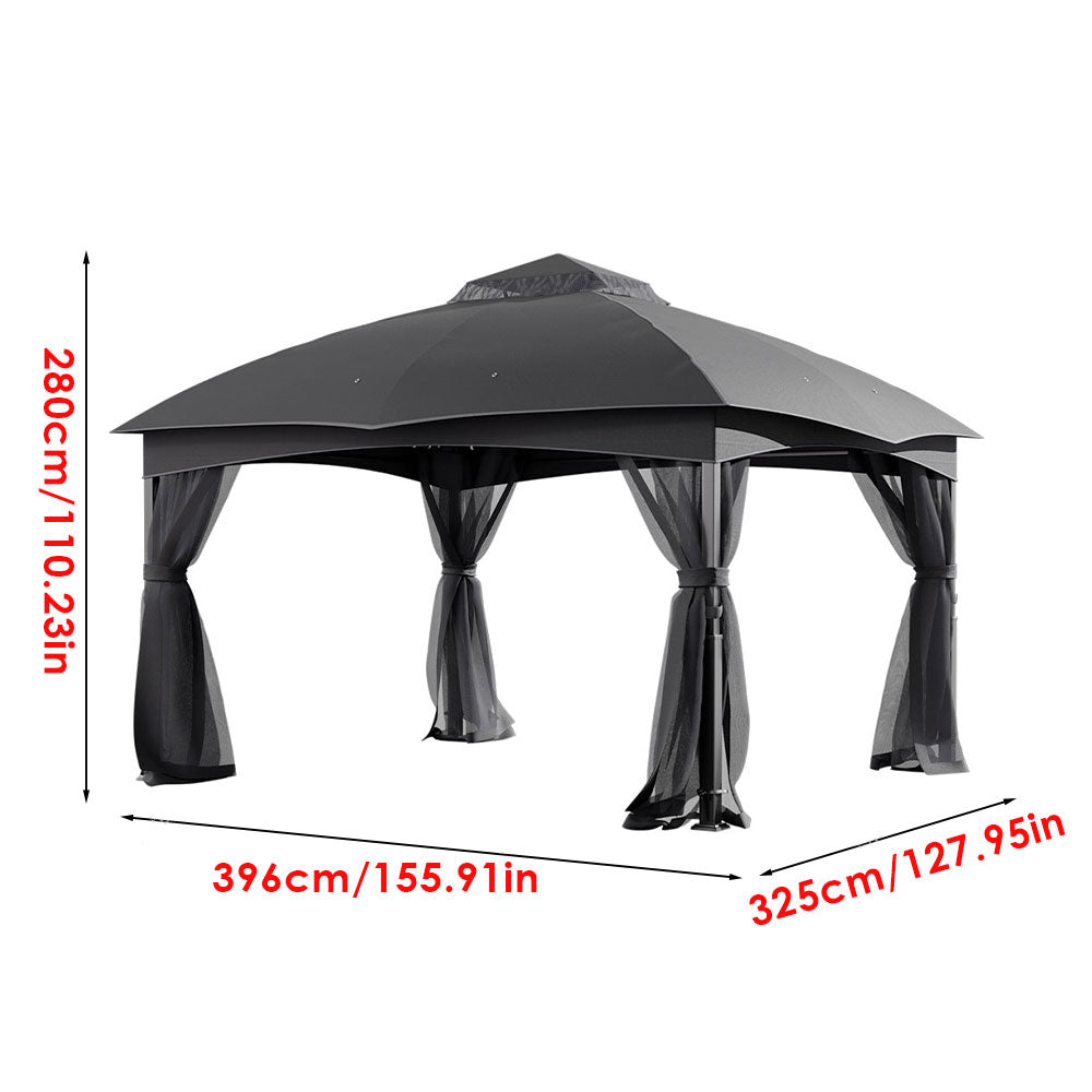 Outdoor dark grey gazebo shade canopy with labeled dimensions – top and side view