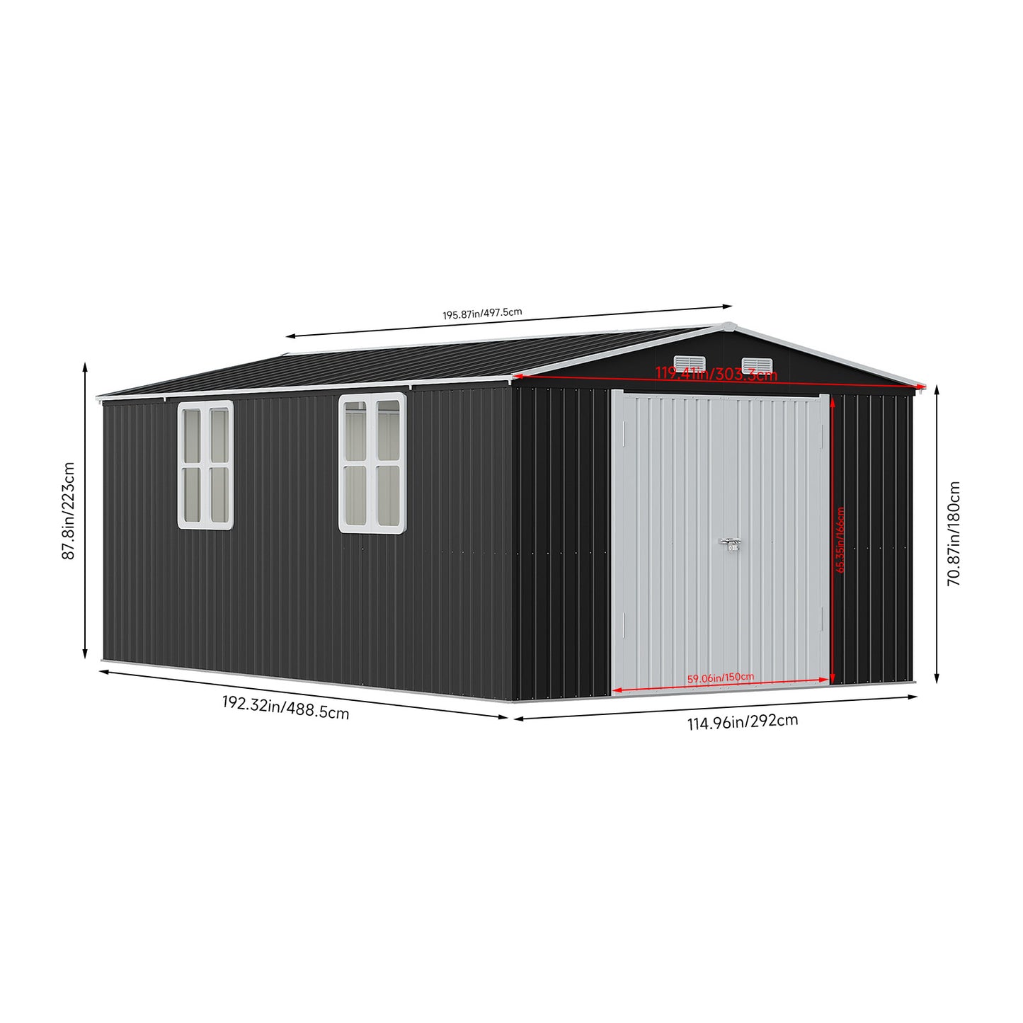 10ft Metal Garden Storage Shed with Apex Roof & Double Doors