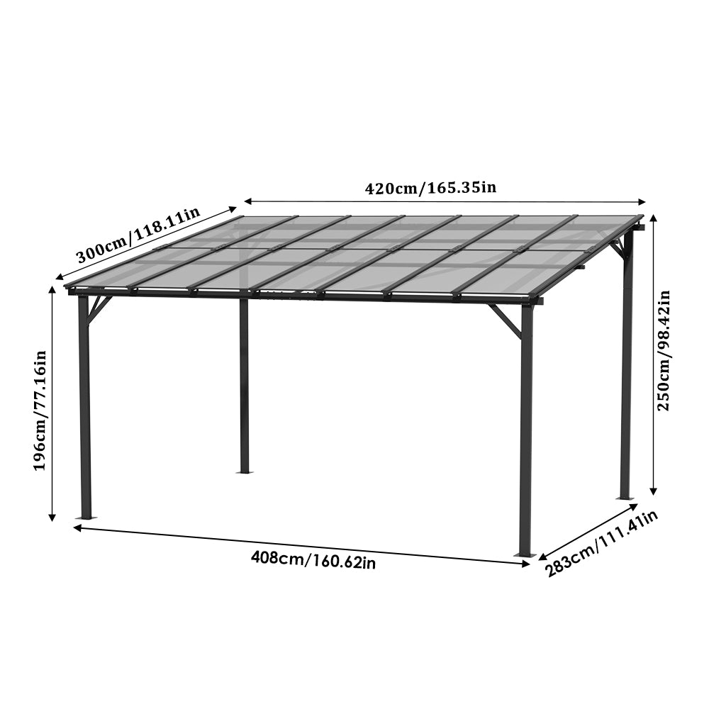Detailed Dimensions of 12x10ft (420x300 cm) Grey Wall-Mounted Patio Canopy