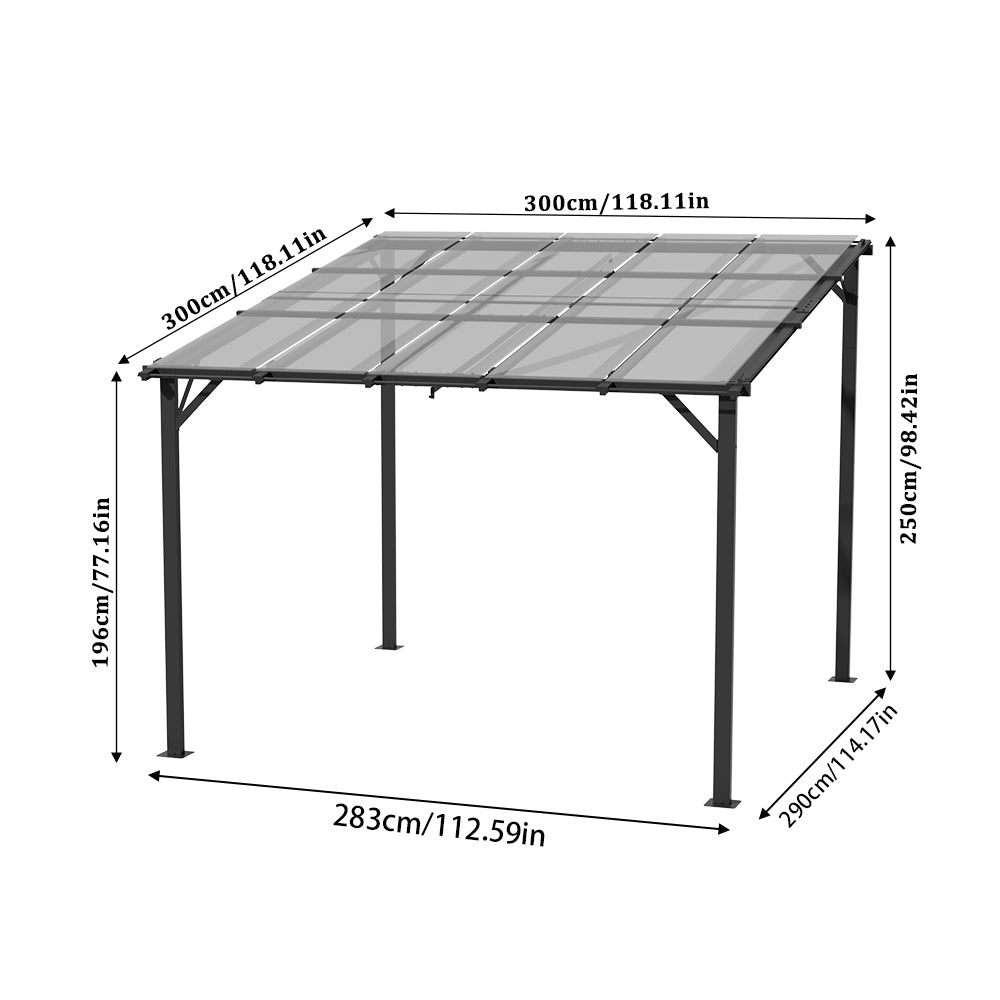 Dimensions of 10x10ft (300x300 cm) Grey Wall-Mounted Canopy with Measurement Labels