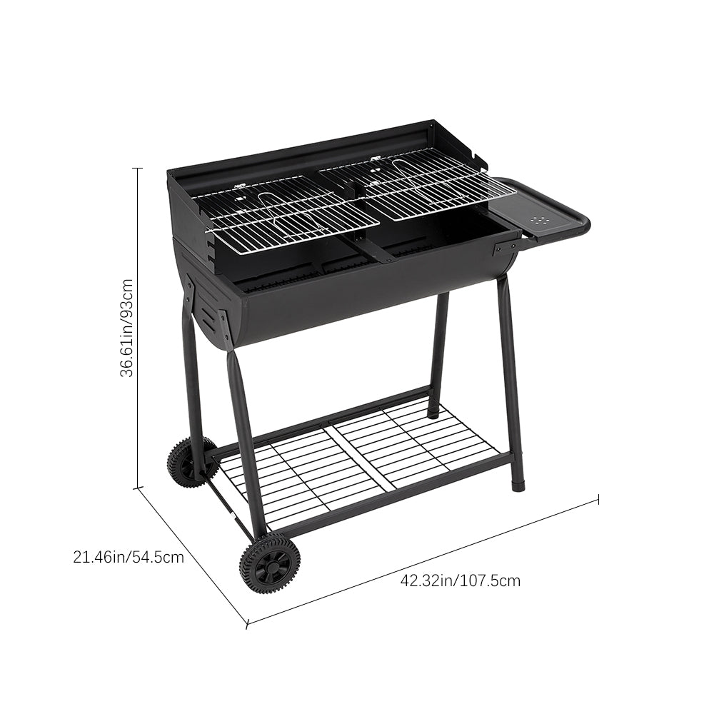 Black Outdoor Garden Charcoal Grill with Wheels and Side Table