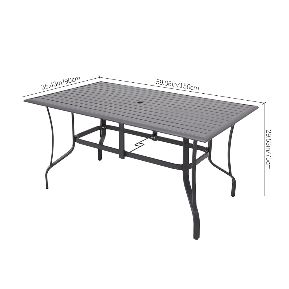 Dimensions of 150x90cm Black Rectangular Slatted Metal Patio Table – With Umbrella Hole
