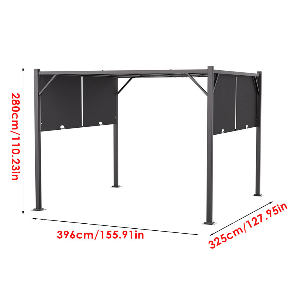 Dimensions of Dark Black Outdoor Retractable Pergola – Width, Height, and Depth Overview