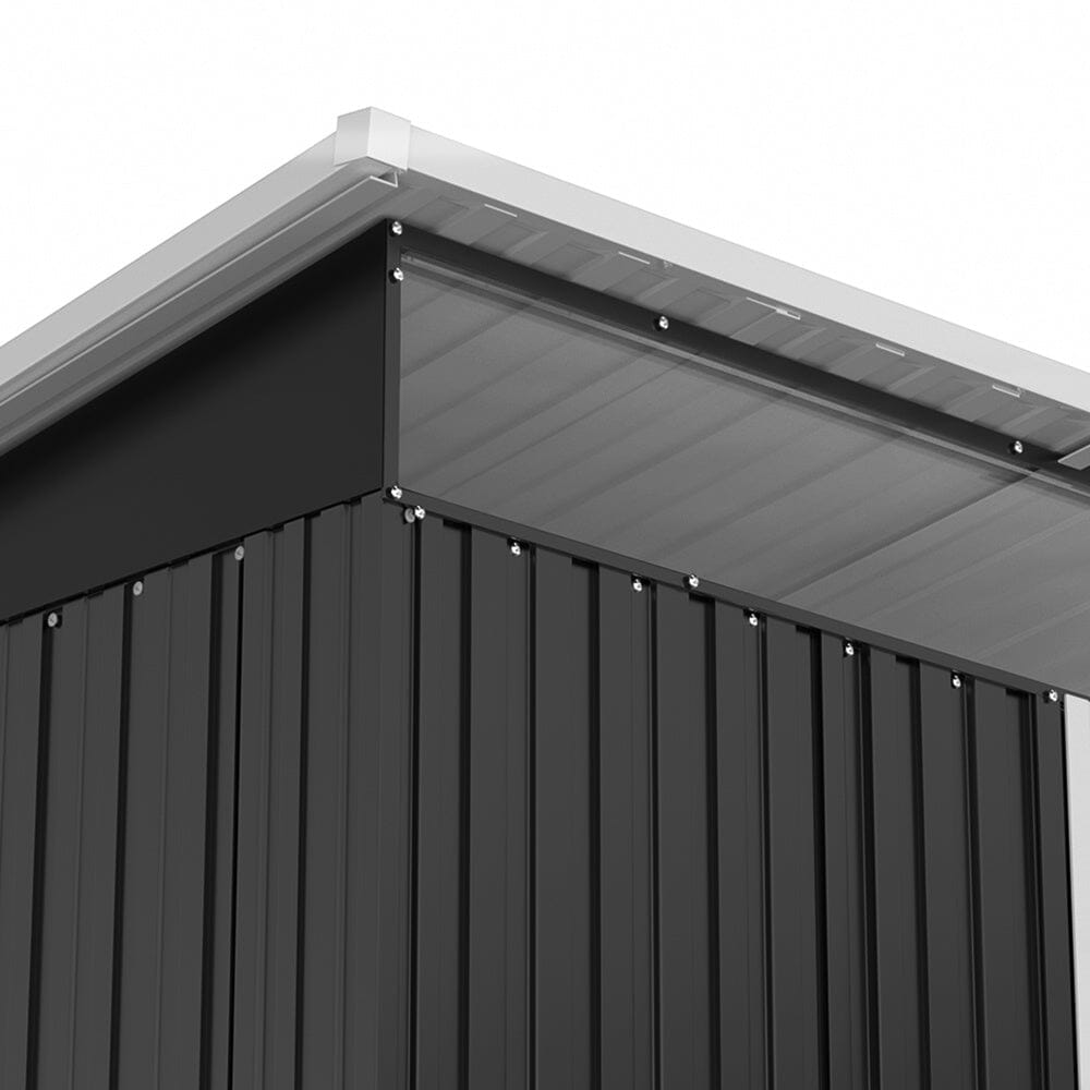 Angled View of 9x4ft Metal Shed Corner – Sturdy Steel Panels and Sloped Roof Design