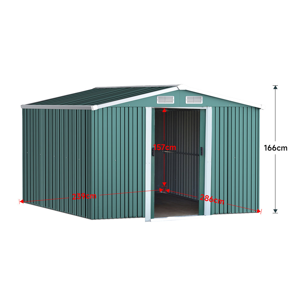 Dimensions of 8x8ft Green Steel Garden Shed – Gable Roof Outdoor Storage Structure