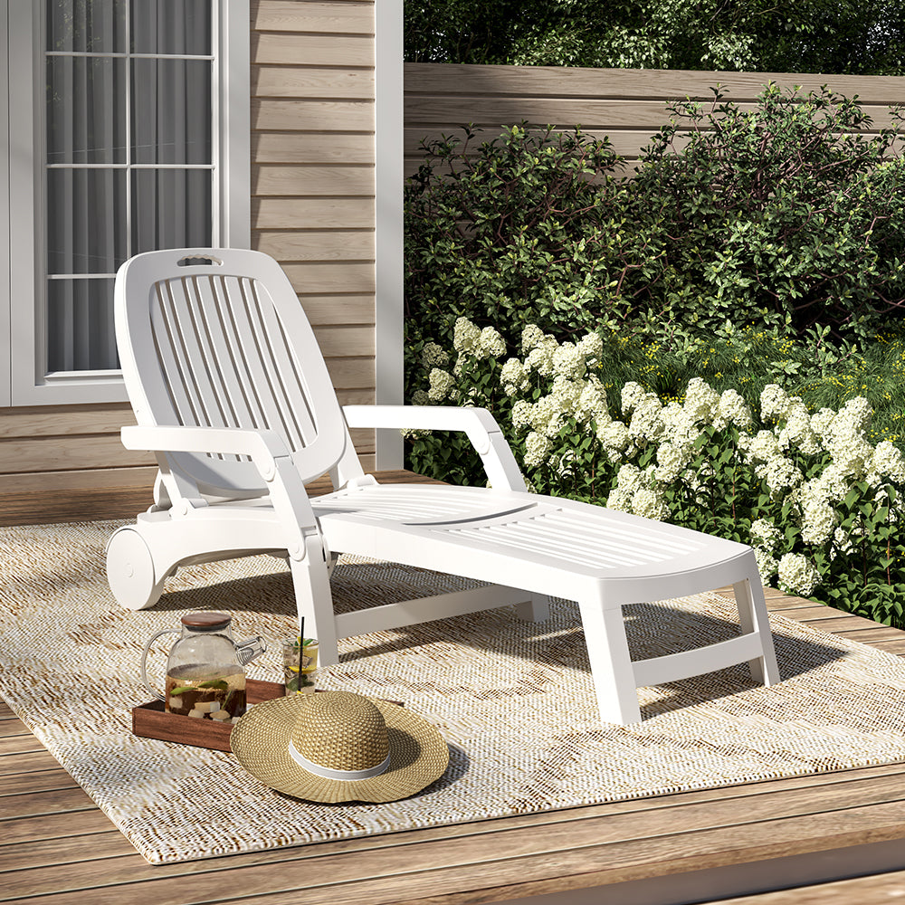 White folding garden lounge chair recliner with wheels – adjustable and portable