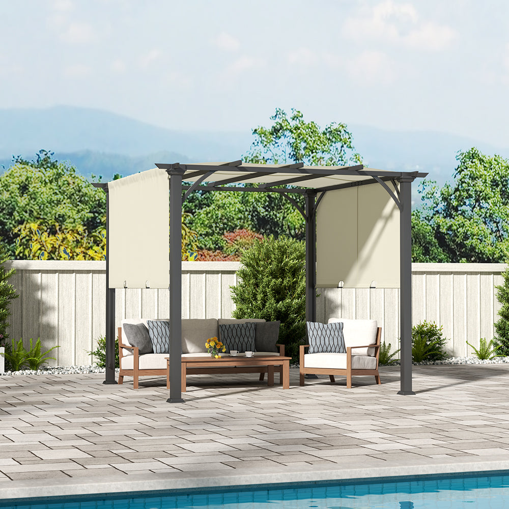 Retractable Canopy Pergola Providing Sunshade in Outdoor Dining Space