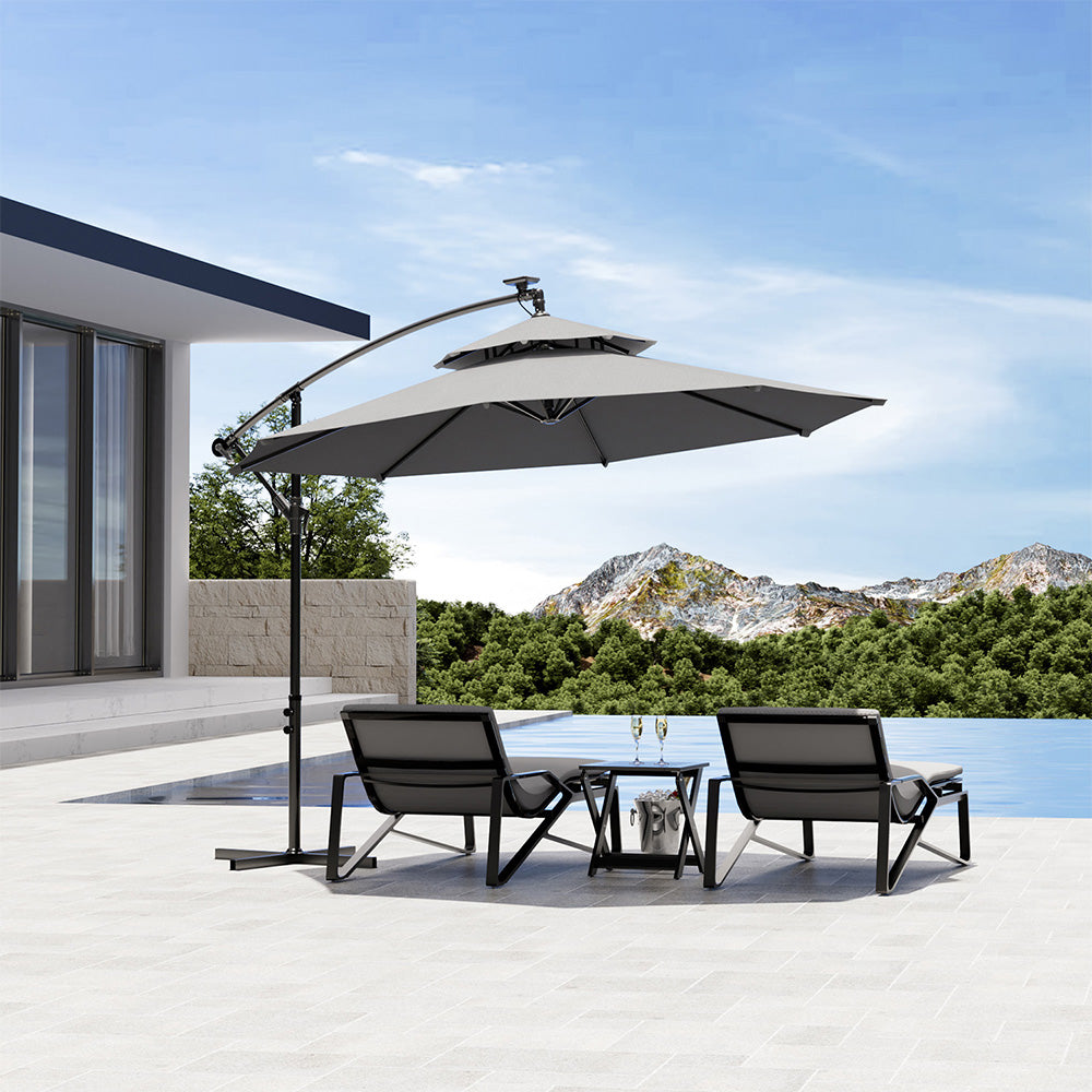 Octagon Double-Top Lighted Cantilever Parasol Umbrella with Base