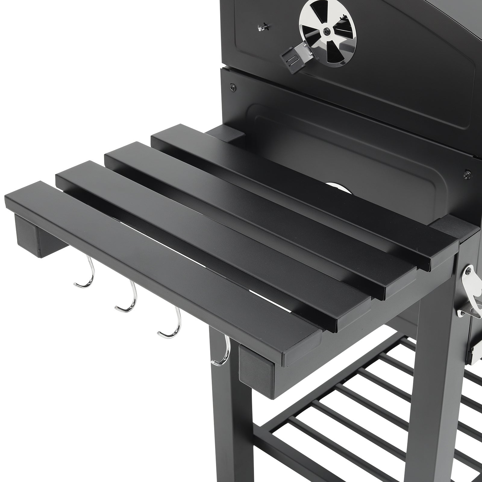 Side shelf detail of 33x43 inch outdoor charcoal grill – sturdy metal platform for prep and utensil storage