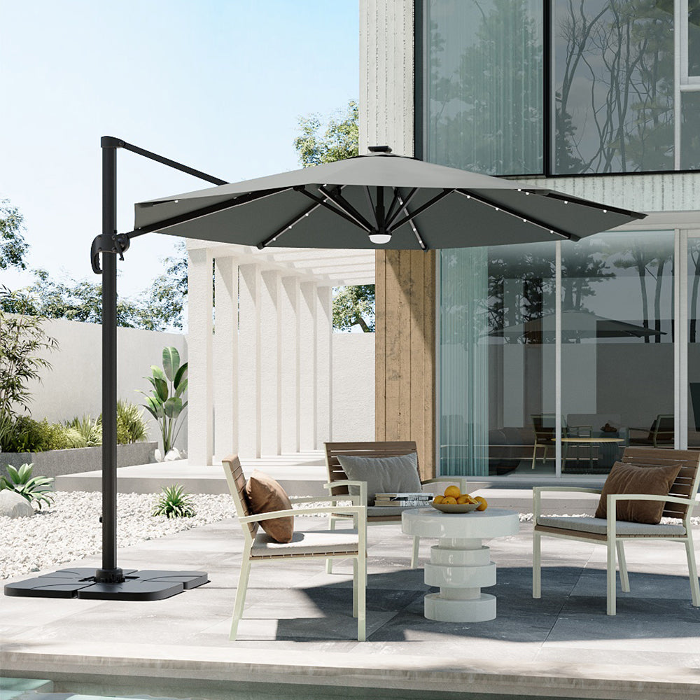 Round Cantilever Garden Parasol Umbrella with Solar Light and Base