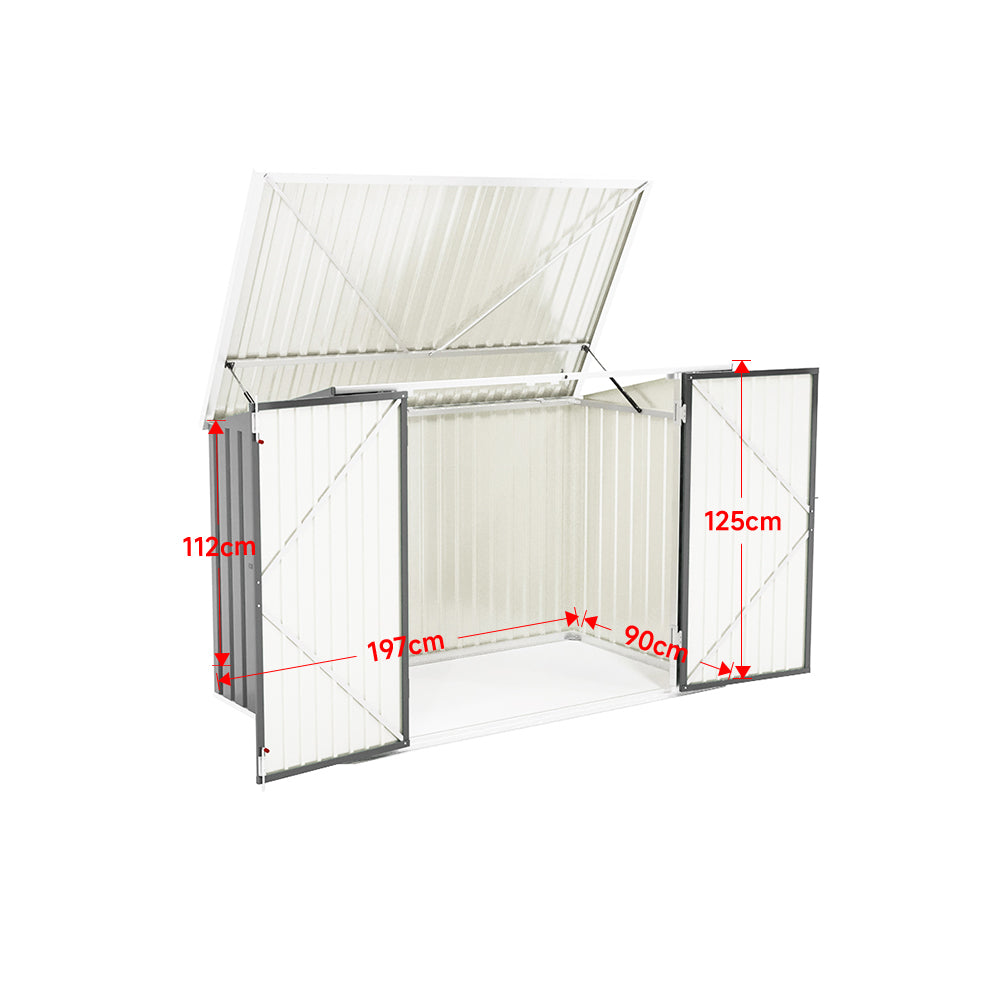 grey 7x3ft steel shed dimensions with open doors – height, width, depth labeled