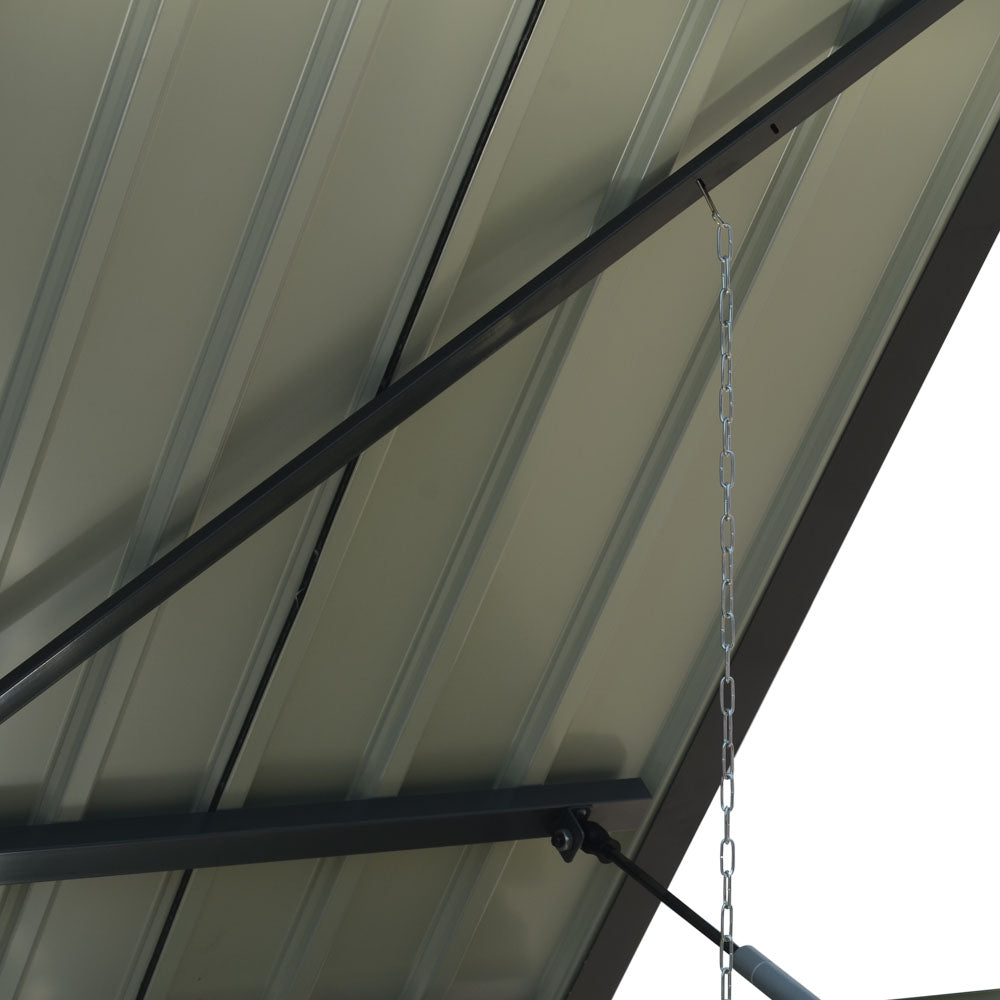 close-up detail of lockable hinged top lid on black steel bin storage shed for secure garden waste storage