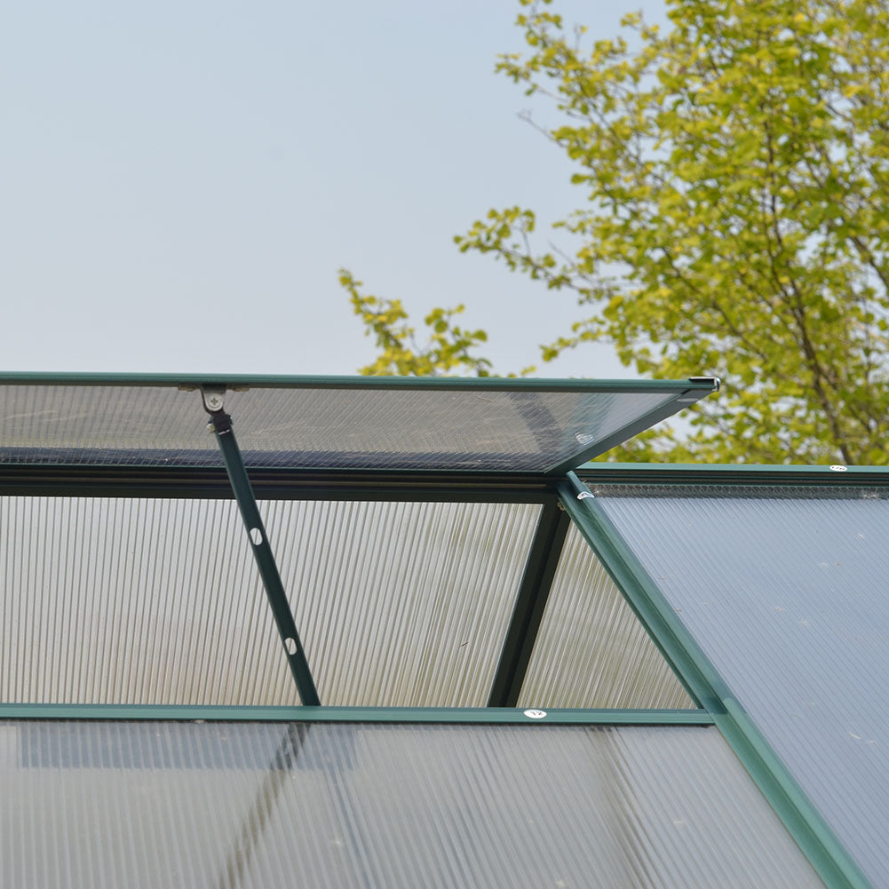 close-up of roof vent window on 8x6ft greenhouse – adjustable design for airflow and temperature regulation