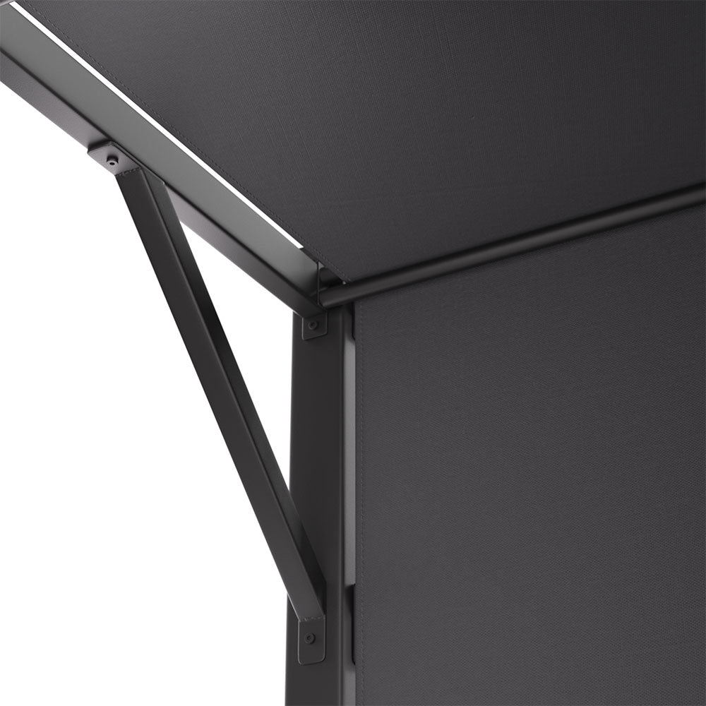 Close-up of Corner Structure – Dark Steel Frame and Retractable Canopy Detail from Below