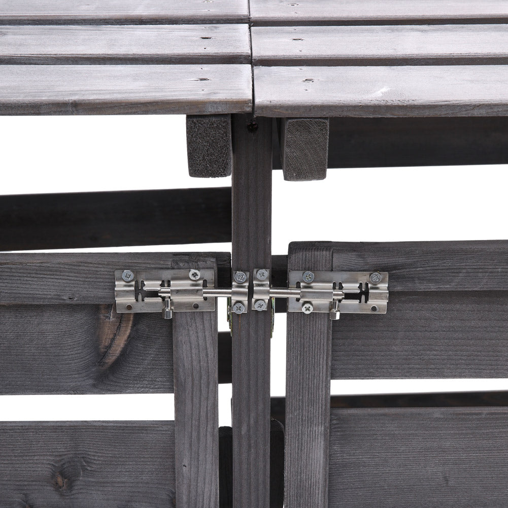 close-up of metal latch and lockable door hinge on spruce wood bin shed, secure garden storage