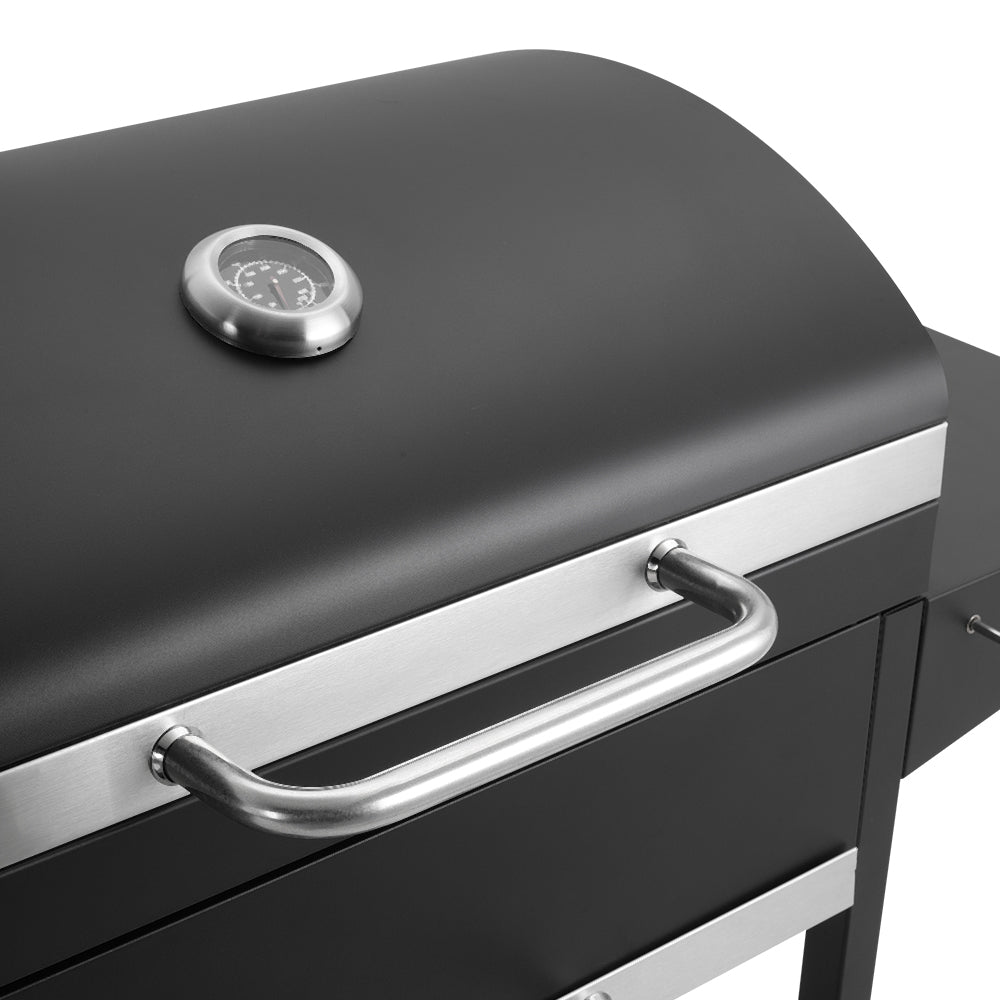 Black Outdoor Garden Charcoal Grill with Dual Side Tables and Wheels