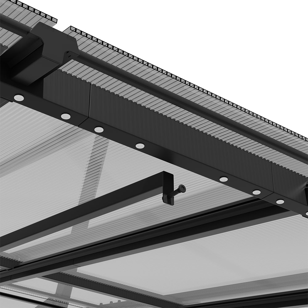Close-up of Corner Bracket and Frame on 10x10ft Grey Wall-Mounted Canopy