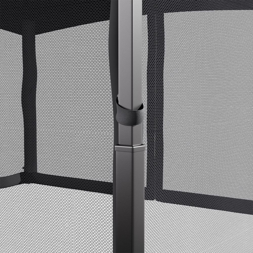 Underside corner view of gazebo showing steel frame and canopy fabric attachment