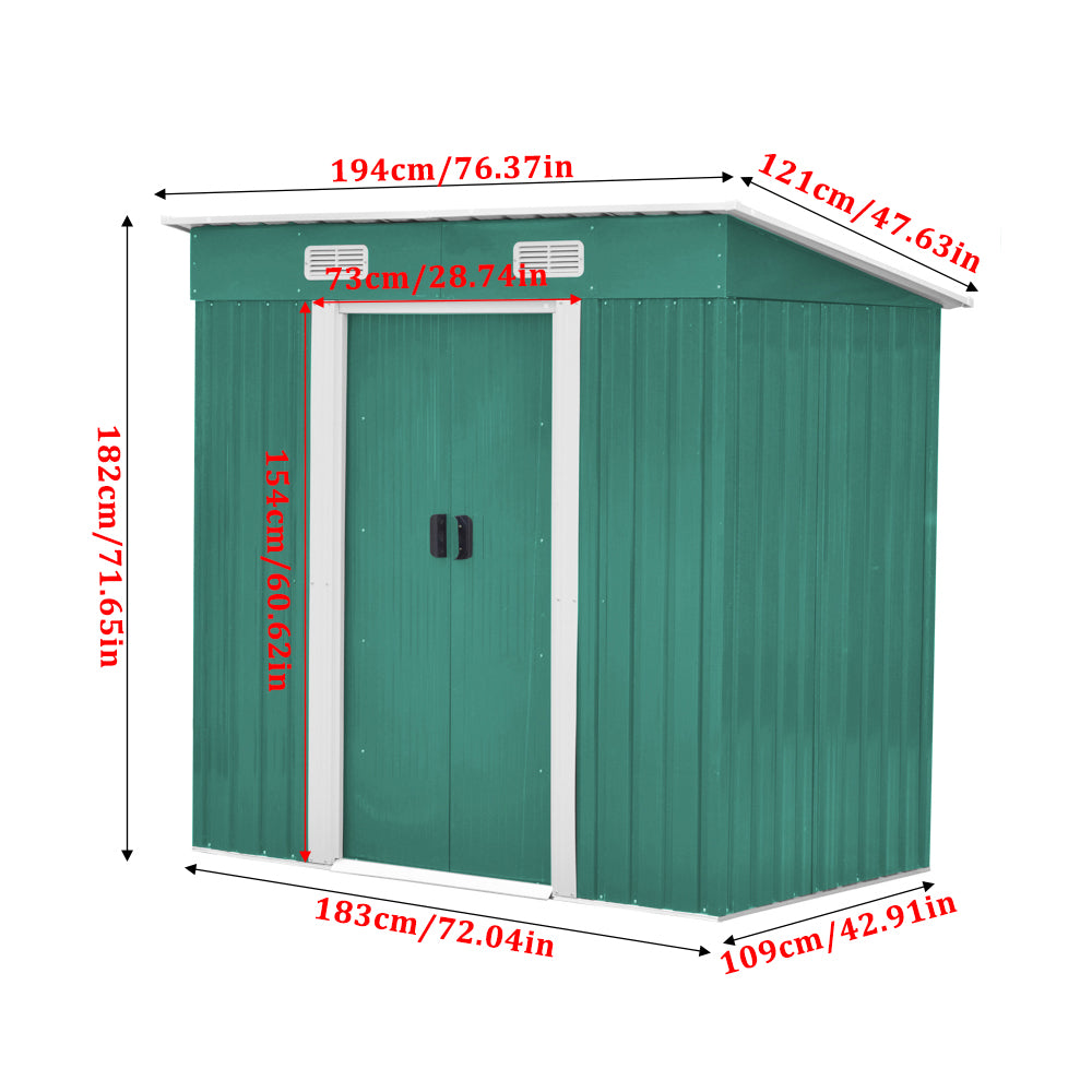 6x4ft Metal Garden Storage Shed with Pent Roof & Sliding Door