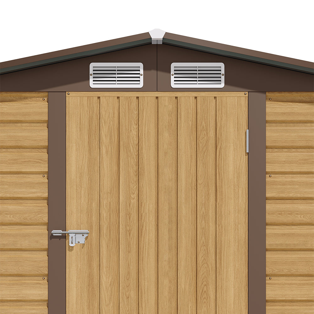 close-up of lockable door handle and ventilation panel on brown galvanized steel garden shed