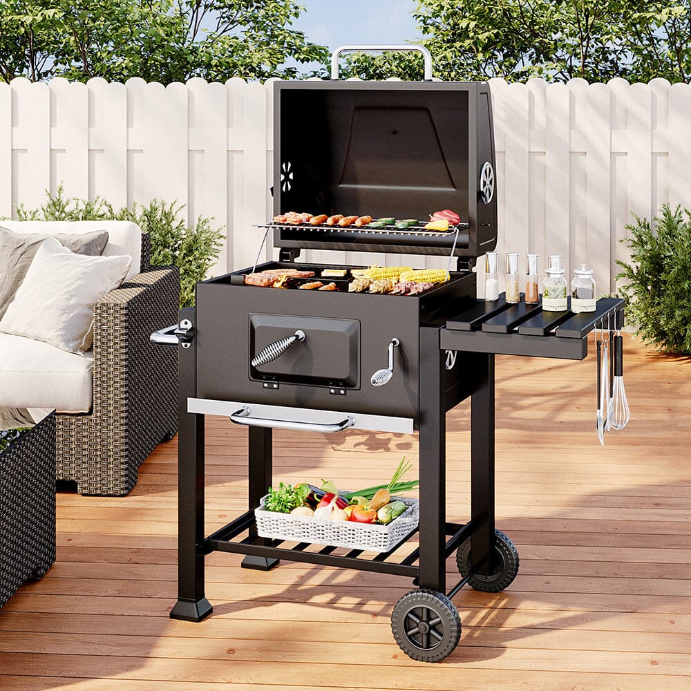 44x39 inch barrel charcoal BBQ grill with side table – large black outdoor smoker grill with wheels and chimney, front and side view