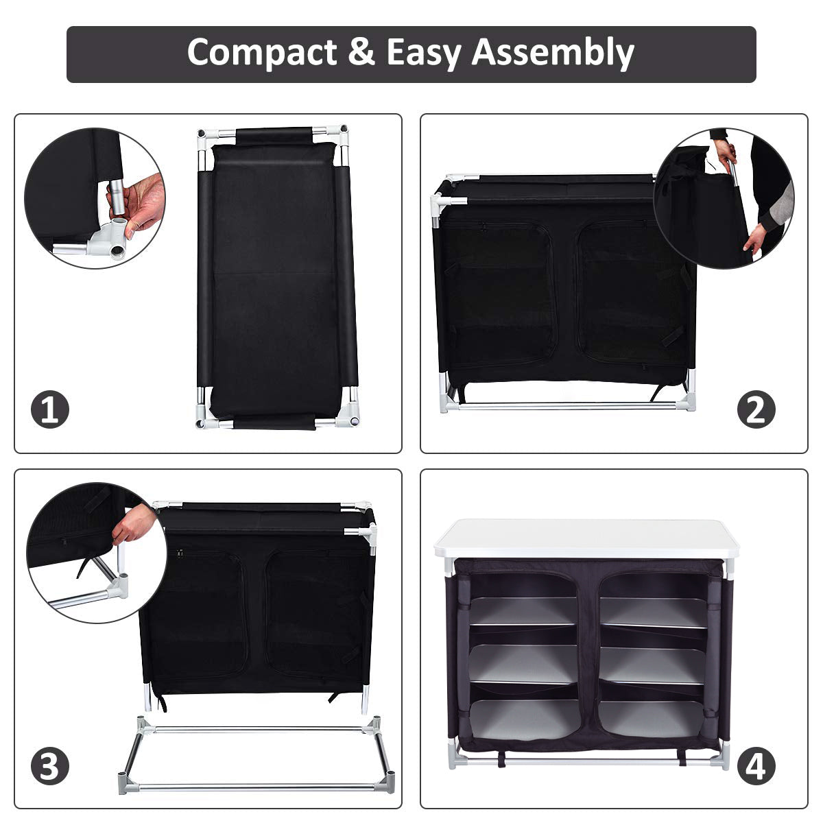 Close-Up of Four Key Features on Portable Camping Kitchen Table – Cupboard Doors, Shelves, Frame