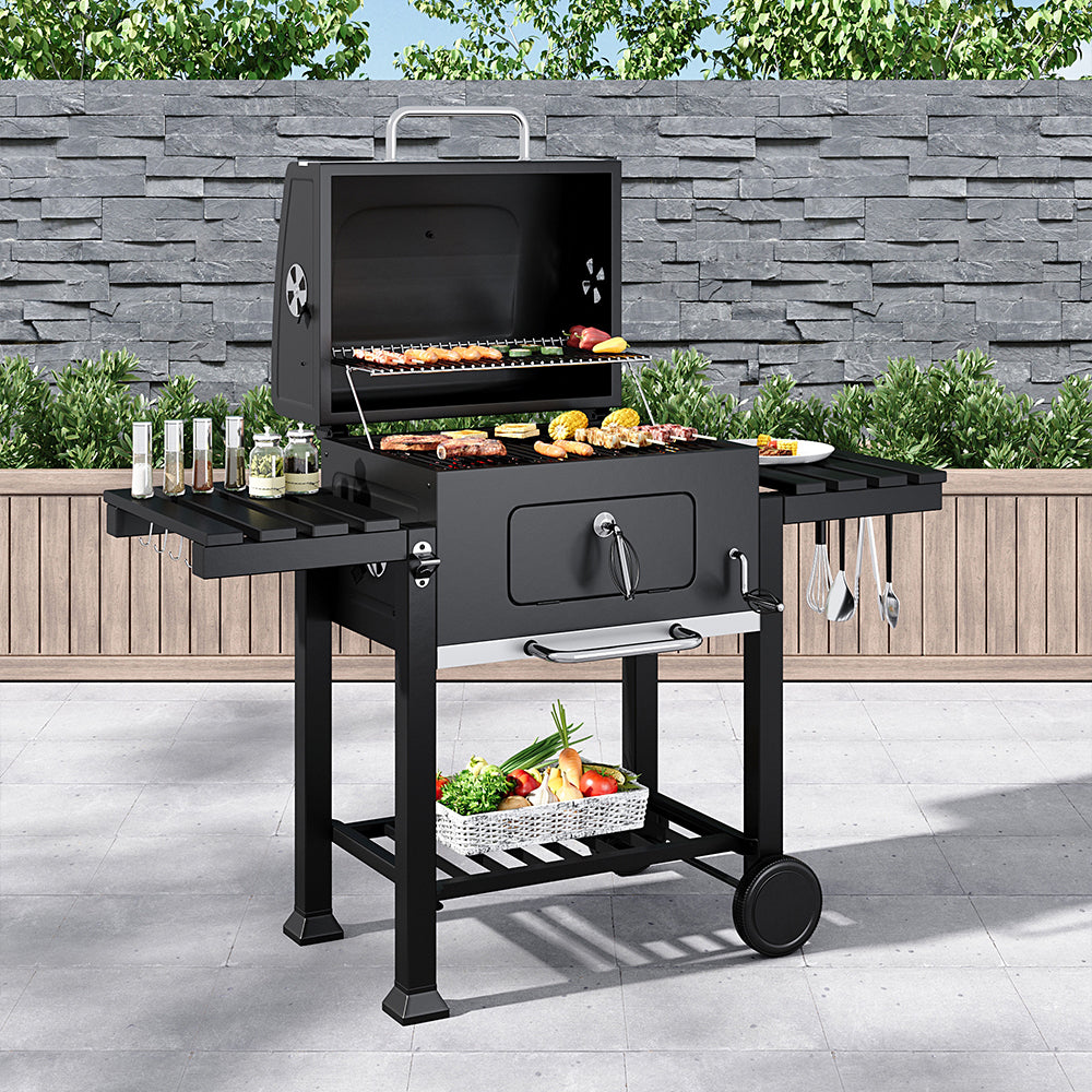 138CM Wide Charcoal BBQ Grill with Side Shelves