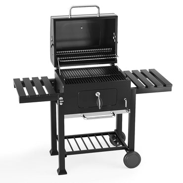 138cm Black Charcoal BBQ Grill for Garden Cooking | Freestanding Metal Grill with Side Tables and Lid Thermometer