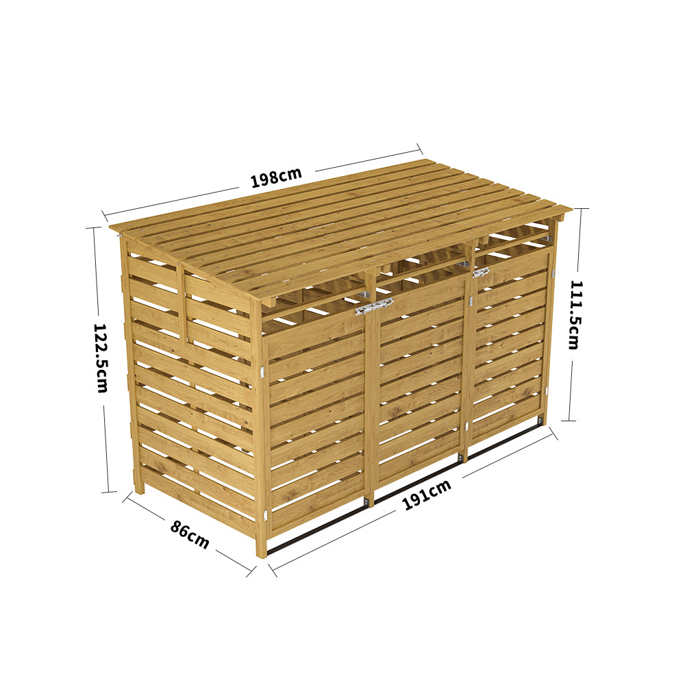 7x3ft brown spruce bin storage shed with detailed external dimensions and measurements