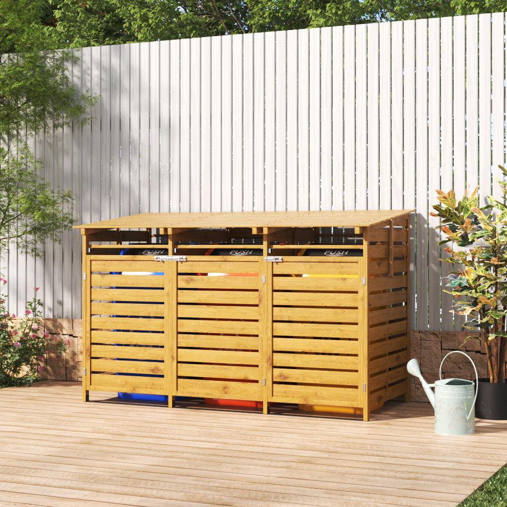 7x3ft outdoor brown spruce bin shed placed on patio, suitable for wheelie bins